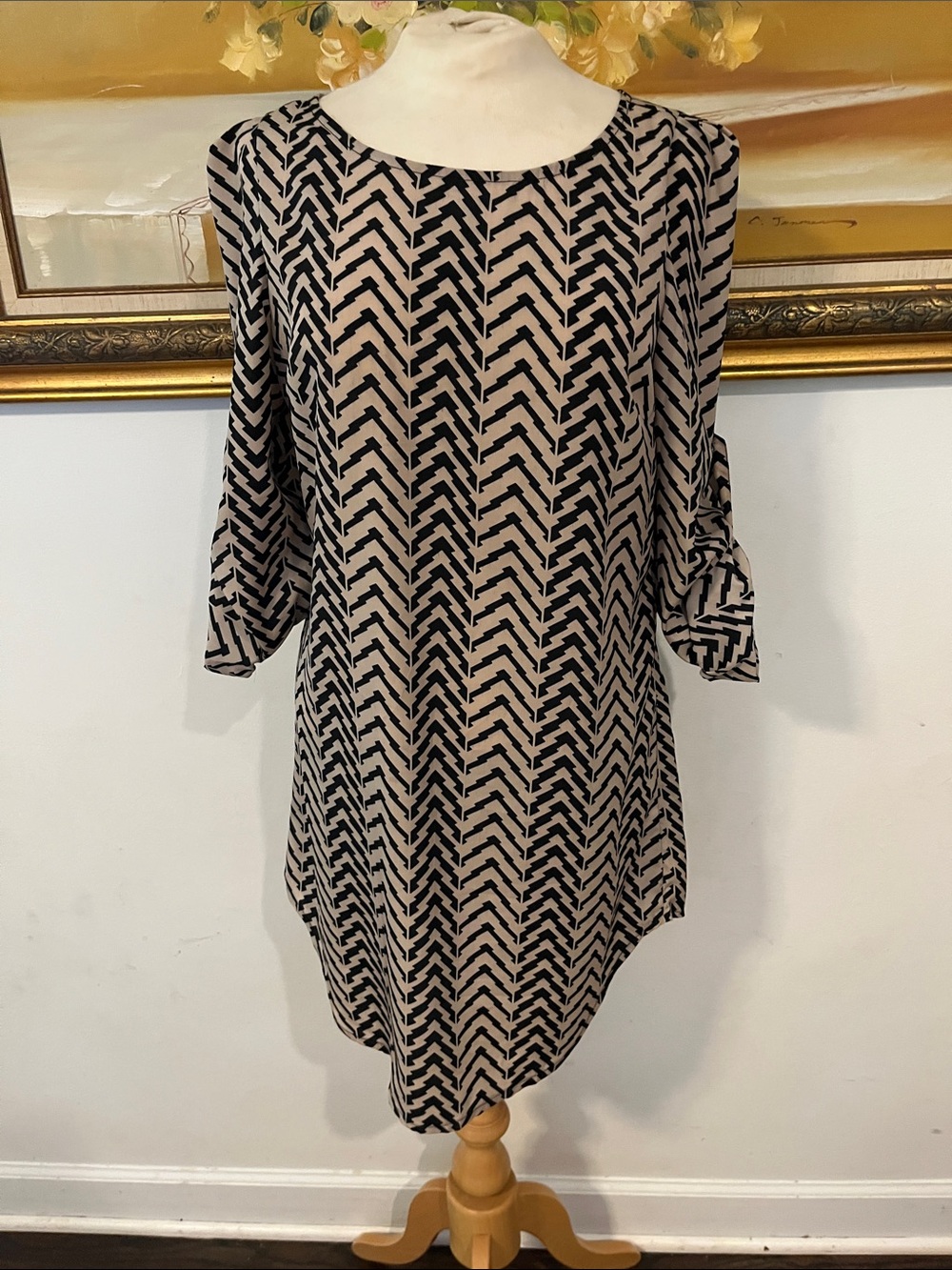 Beulah Beige and Black Chevron Long Sleeve Shift Dress